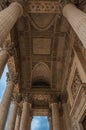 Perspective of the columns at the Pantheon entrance in neoclassical style and blue sky in Paris. Royalty Free Stock Photo